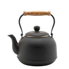 Classic Cast-Iron Tea Kettle with Wooden Handle on White Background