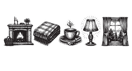 An illustration depicts a cozy interior scene with fireplace, tea cup, blanket, lamp, and window, creating a warm and inviting mood.