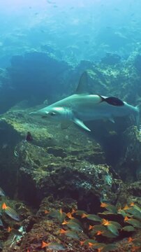 Dive deep into the mesmerizing blue as hammerhead sharks patrol the vibrant reefs off the coast of Costa Rica. A plethora of smaller fish dart around them creating a lively aquatic vista.