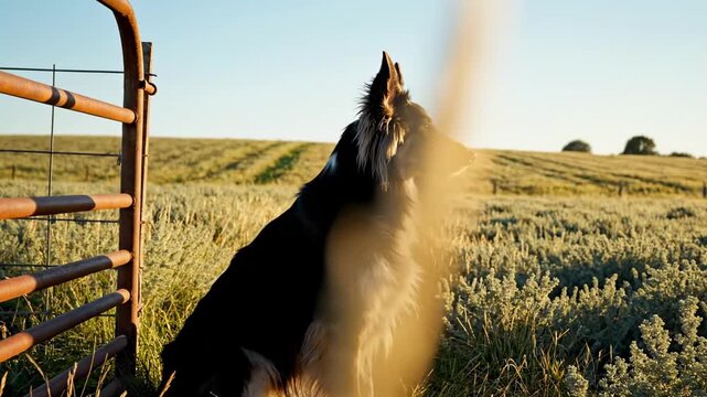 english sheperd. A loyal dog sits calmly by a rustic gate, surrounded by golden fields under a clear blue sky, embodying serenity and companionship in nature's beauty