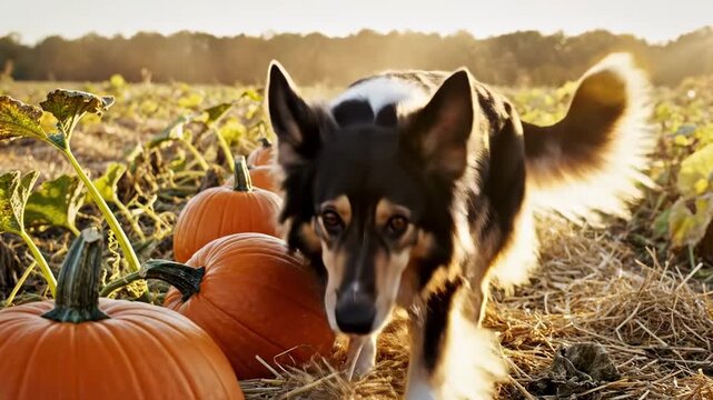 english sheperd. A playful dog investigates ripe pumpkins in a sunlit field, surrounded by lush green vines and a golden evening glow, capturing the essence of autumn harvest
