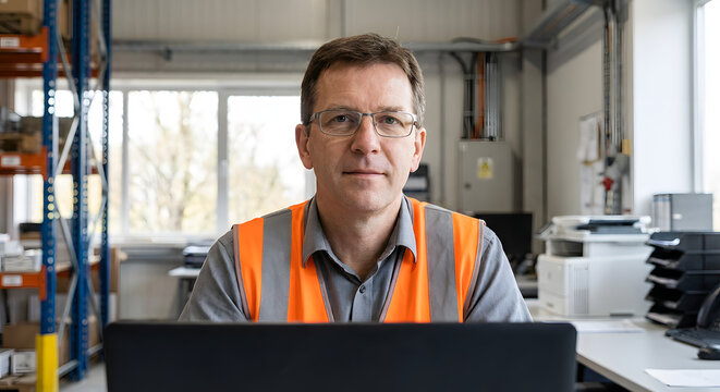 Mature male logistics manager wearing orange safety vest and glasses sitting at office desk with laptop in warehouse facility professional worker overseeing industrial operations and supply chain