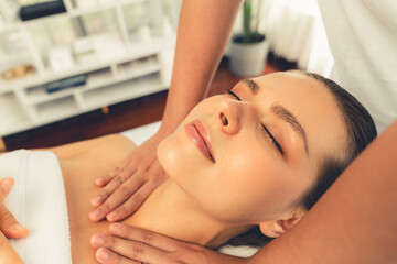 Caucasian woman customer enjoying relaxing anti-stress spa massage and pampering with beauty skin...