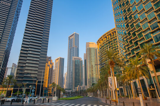 Sheikh Mohammed bin Rashid Blvd, with Forte Tower in the distance, in Burj Khalifa district, downtown Dubai, UAE. 