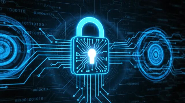 Cybersecurity data protection shield animation with digital lock icon, secure network encryption, safe online technology background, cyber defense system visualization video