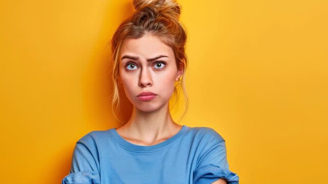 Frustrated Expression: Portrait of a woman expressing frustration, her face conveying a complex blend of displeasure and confusion against a vivid backdrop.