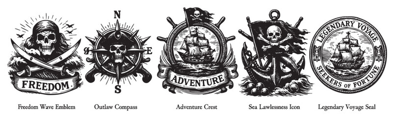 Collection of five vintage-style pirate emblems and icons in black and white, featuring ships, skulls, and navigational elements. Ideal for tattoo design, logo, and historical projects.