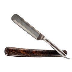Polished Steel Straight Razor with Dark Wood Handle on White Background