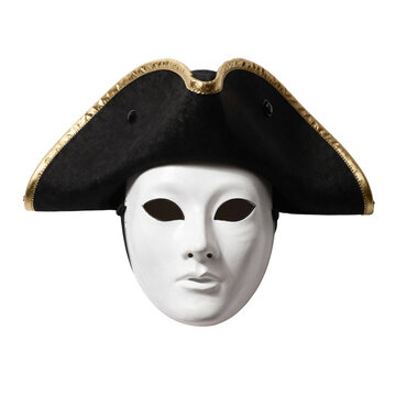 Traditional Venetian Bauta Mask with Black Tricorne Hat on White Background