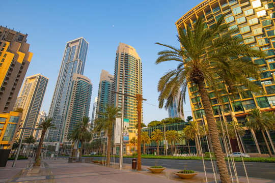 Sheikh Mohammed bin Rashid Blvd, with Forte Tower and Burj Vista Tower, in Burj Khalifa district, downtown Dubai, UAE. 