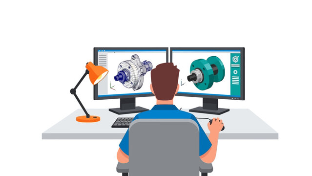 Cad designer working on 3d models at desktop setup with dual monitors