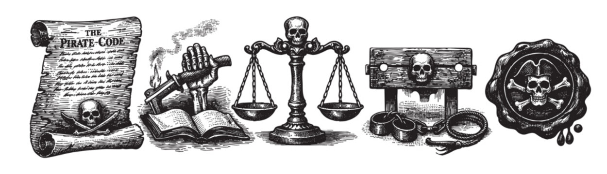 Collection of vintage black and white engravings displaying pirate justice, including a pirate code, scales, a skull, and a pillory, creating a nautical illustration.