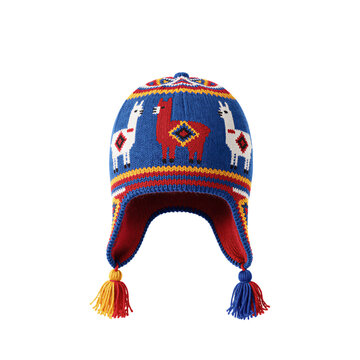 Colorful Peruvian Chullo Hat with Llamas and Geometric Patterns