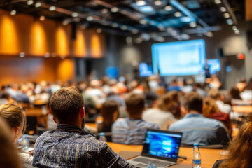 Obraz premium Rear view of an audience with visible laptop screens, listening to a presentation in a large, brightly lit conference hall.