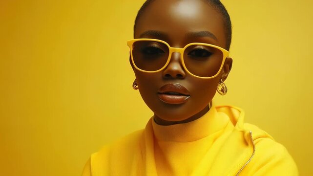 Yellow Attire Portrait: An individual exudes elegance, donning stylish yellow sunglasses and attire. A vibrant display of self-expression against a warm background.