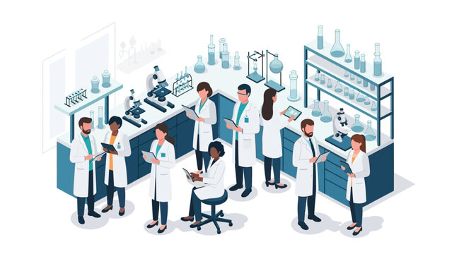 Isometric laboratory team working in modern scientific research facility