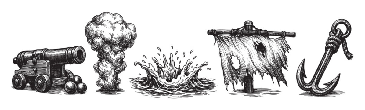 Engraving style illustration of pirate ship elements including a cannon, smoke, water splash, pirate flag, and anchor on a white background.