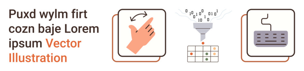 Obraz premium Data processing, automation, coding, human interaction, digital communication, programming. A hand gesture, binary code funnel and keyboard visual. Data processing and automation concept