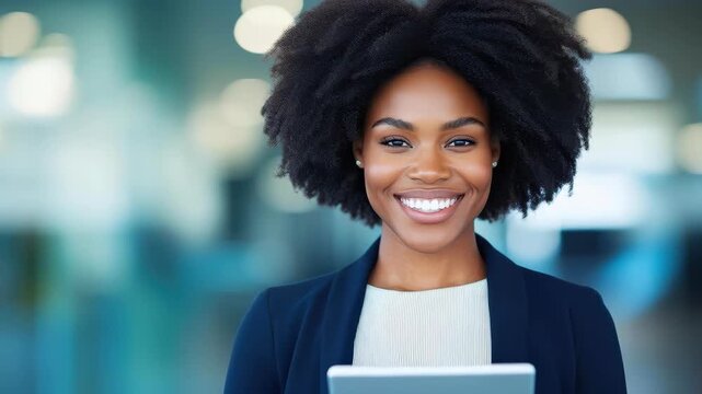 Confident Professional Woman: A poised and confident woman in a business setting, radiating warmth with her genuine smile and embodying a sense of purpose.