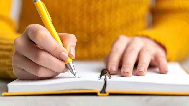 Creative Writing Session: An individual's hands, pen in action, as they engage in the act of journaling or note-taking. This moment is captured in a close-up.