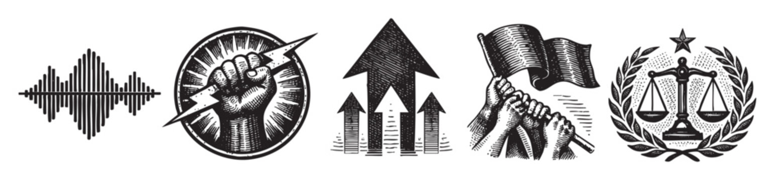 An illustration shows various political symbols including a voice waveform, a fist holding a lightning bolt, upward arrows, hand waving a flag, and scales of justice.
