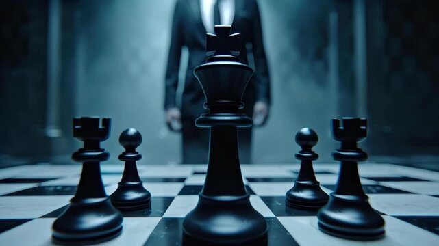 Strategic chess play: A mysterious person stands confidently behind chess pieces in a dramatic scene with an intent gaze. It evokes a feeling of control, strategy, and intricate planning.