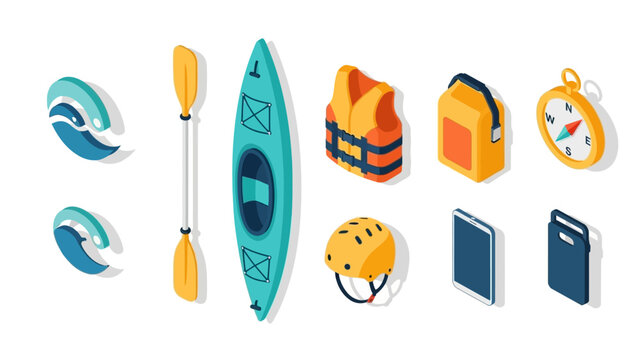 Isometric kayaking gear set: paddle, kayak, safety equipment, and more