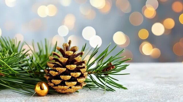 Festive Holiday Arrangement: A captivating arrangement features a textured pinecone, vibrant sprigs, and a golden bauble, all set against a soft bokeh background.