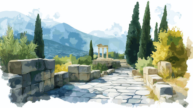 Delphi Archaeological Site. Delphi Archaeological Site watercolor vector illustration