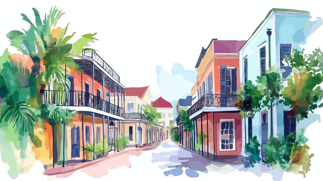 The French Quarter. The French Quarter hand drawn watercolor illustration