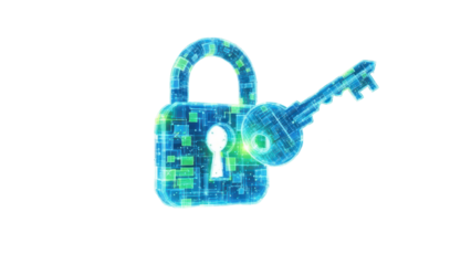 Cyber Security Concept  Holographic Lock and Key, isolated on white background