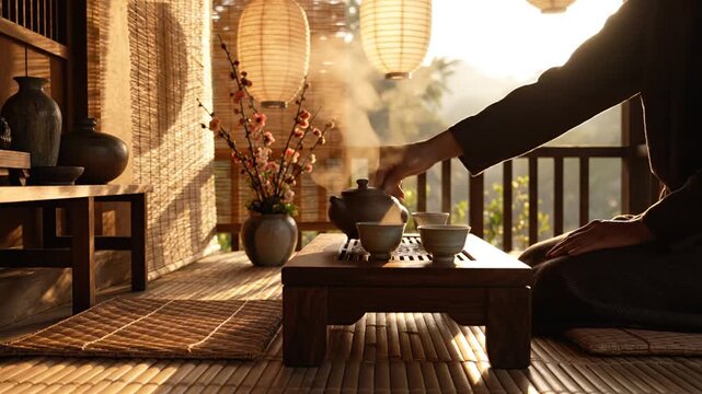 Calm tea ceremony on a sunlit japanese-inspired veranda with wooden table, ceramic teaware, and hanging lanterns