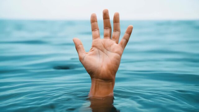 A Hand's Plea: A solitary hand emerges from the water, fingers outstretched in a desperate gesture for help, against the vast backdrop of the serene ocean.
