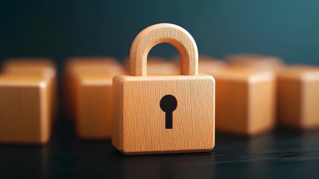 Security & Protection: An isolated wooden padlock stands strong, embodying the concepts of privacy, safety, and security amidst a blurred backdrop of additional wooden objects.