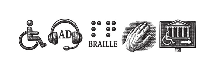 Diverse black and white accessibility symbols representing disability, including wheelchair access, hearing assistance, Braille, and accessible building entry, promoting inclusion awareness.