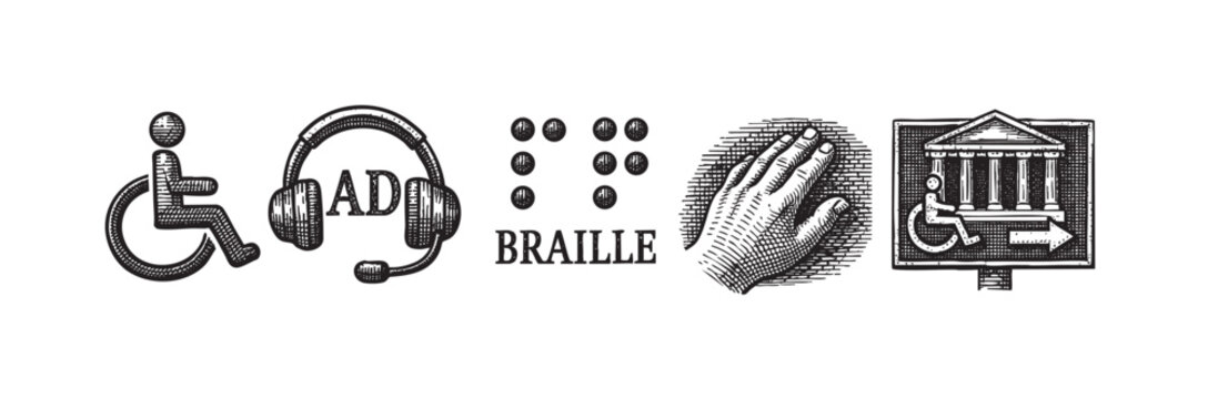 Diverse black and white accessibility symbols representing disability, including wheelchair access, hearing assistance, Braille, and accessible building entry, promoting inclusion awareness.