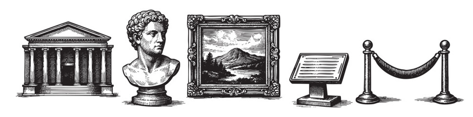 Fototapeta premium Hand drawn vector illustration featuring museum related items: sculpture bust, painting, display, and stanchions, in a clean, historical drawing style on white background.