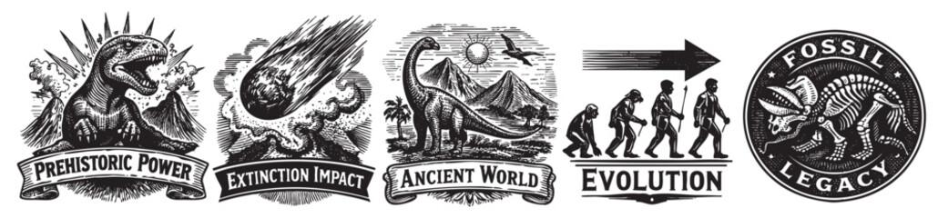 Obraz premium Black and white line art illustrations depicting dinosaurs, evolution, and prehistoric events, ideal for educational materials, history projects, or scientific publications.