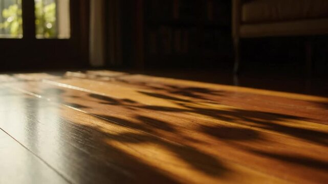Low Angle Shot of Sunlight Casting Leaf Shadows on Polished Wooden Floorboards in a Warm Room