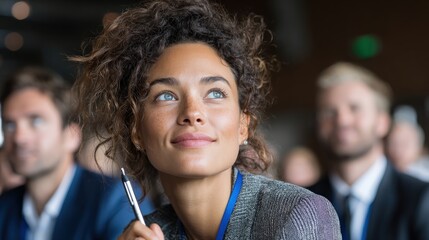 Engaged participant with curly hair attentively listens during a professional seminar