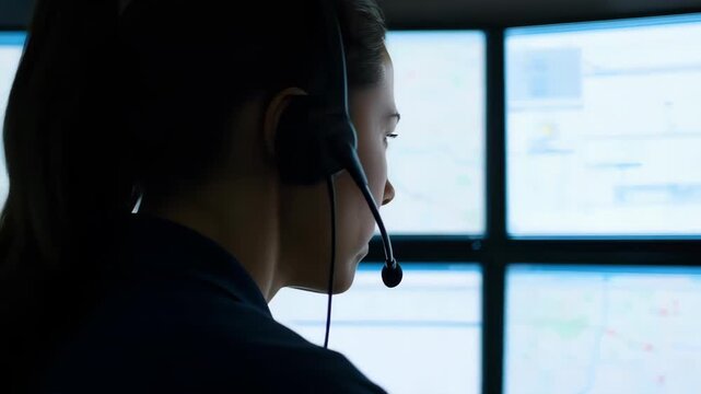 Focused and Determined: A woman, wearing a headset, intently monitors multiple screens, her concentration unwavering in a dimly lit environment, embodying professionalism and dedication.