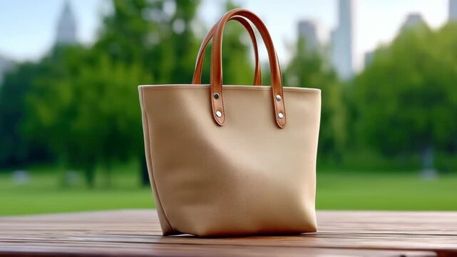 Elegant Beige Handbag: A stylish and sophisticated beige handbag rests gracefully on a wooden surface, set against a backdrop of lush greenery, the towering city skyline hinting at urban adventures.