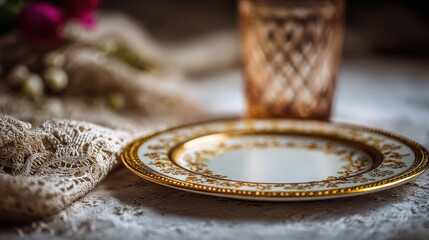 Ornate porcelain plate rests upon fine textured fabric beside a patterned glass