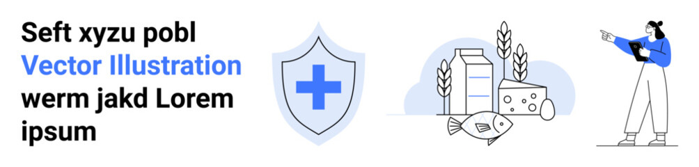 Obraz premium Shield with medical cross, milk, cheese, fish, wheat elements, and a person analyzing. Ideal for health, nutrition, food safety quality control healthcare production simple landing page