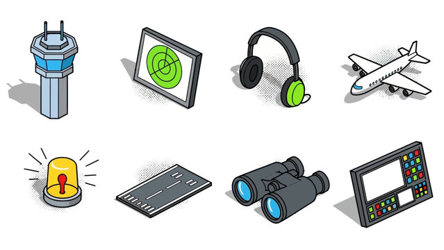 Isometric airport elements: control tower, radar, headphones, airplane, runway, binoculars, control panel, siren icon