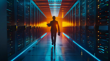 Silhouette of IT Specialist in Data Center Aisle