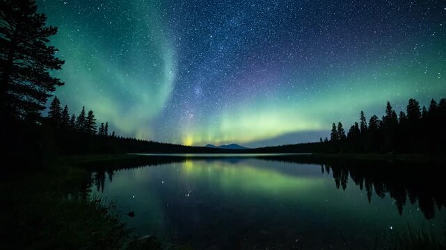 A serene night scene featuring auroras reflecting on a tranquil lake.