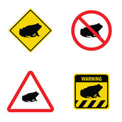 Set of frog crossing traffic sign. Vector illustration of yellow triangle warning sign and white cirle warning sign with frog icon inside. Wild forest animals likely to be in road ahead. Caution frog.