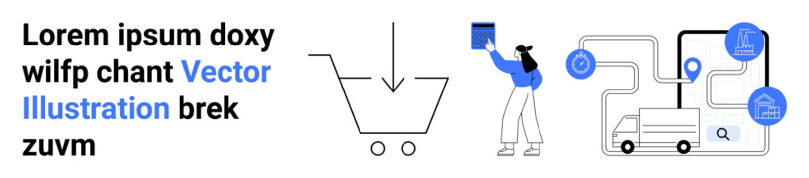 Online shopping, logistics, delivery process, package handling, digital commerce, retail management. Shopping cart, person handling a box connected delivery icons. Online shopping and logistics