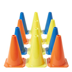 Colorful Plastic Cones for Agility Training on White Background